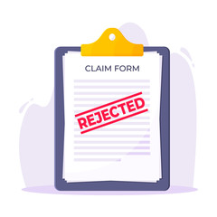 Clipboard with rejected claim or credit loan form on it, paper sheets and rejected stamp flat style design vector illustration. Concept of denying document, cv resume, insurance application form.