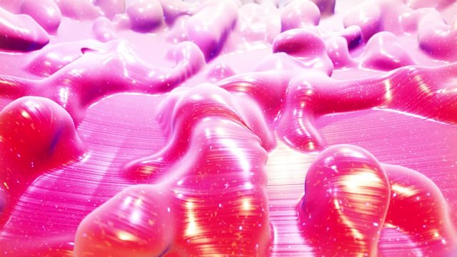 Smooth abstract animation of liquid gradient red color in 4k. Bright glossy paint surface as abstract looped festive background. Glitters on viscous liquid with 3d splashes on surface like drops.