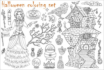 Fototapeta na wymiar Halloween coloring set with beautiful witch girl in steampunk dress, crow and scary house on white.