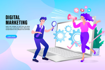 Digital marketing vector landing page illustration. Advertising and promo modern flat design. 