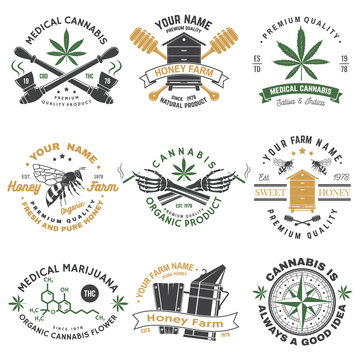 Set of Honey bee farm and medical cannabis shop badge. Vector. Concept for shirt, print, stamp or tee. Design for honey bee farm, weed shop, marijuana delivery