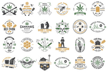 Set of Honey bee farm and medical cannabis shop badge. Vector. Concept for shirt, print, stamp or tee. Design for honey bee farm, weed shop, marijuana delivery