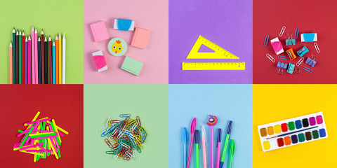Set of various school stationery on background of multicolored paper. Back to school and education concept. Top view, flat lay stationery with copy space
