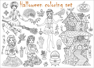 Halloween coloring set with beautiful witch girls in gipsy and gothic costumes, scary house and objects.