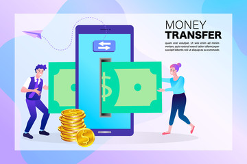 People sending and receiving money wireless with their mobile phones. Mobile payment concept. Vector flat cartoon illustration.