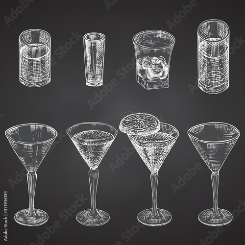 Set Hand Drawn Sketch Glasses For Alcoholic Drink Champagne, Whiskey Vintage  Design Bar, Restaurant, Cafe Menu Chalkboard Background Engraving Style  Vector Creative Template For Flyer, Banner, Poster Wall Mural-zzayko