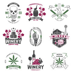 Set of wine company and medical cannabis shop badge. Vector. Concept for shirt, print, stamp or tee. Design for winery company, bar, pub, weed shop, marijuana delivery