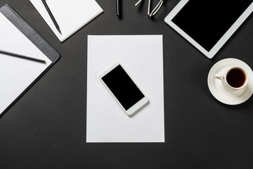 Top view of modern workplace with blank paper