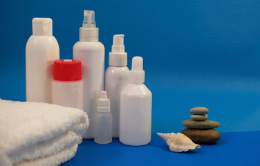 SPA set of cosmetic bottles and tubes.