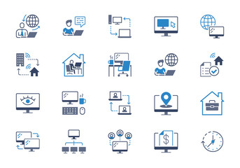 Work from home flat icons. Vector illustration included icon as freelance worker with laptop, workspace, pc monitor, business blue silhouette pictogram for online job