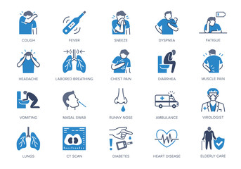 Coronavirus, flue virus symptoms flat icons. Vector illustration included icon as cough, fever, lung ct scan, pneumonia prevention blue silhouette pictogram for medical infographic