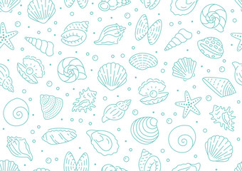 Seashell seamless pattern. Vector background included line icons as ocean sea shells, scallop, starfish, clam, oyster, nautical texture for fabric. White and blue color