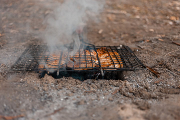 Marinated pork on a grill in the woods. Meat is fried on coals, fire, on the river bank. Grill on the campaign trail. Meat is cooked on charcoal from branches