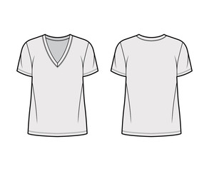 Fototapeta premium Cotton-jersey t-shirt technical fashion illustration with deep V-neck, short sleeves, tunic length, oversized. Flat outwear basic apparel template front, back, grey color. Women men unisex top mockup