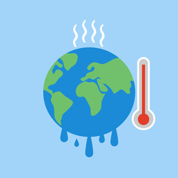 Global warming concept vector illustration on blue background. Melting earth planet with thermometer. Save the world environment.
