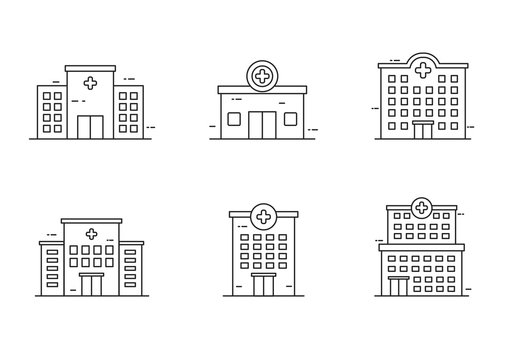 Set of hospital building icons in outline style. Hospital concept vector illustration in linear style isolated on white background 