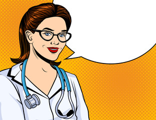 Color vector illustration in pop art style. Doctor woman smiling. A doctor in a white coat with a stethoscope around his neck. Doctor in uniform on a yellow halftone dot background
