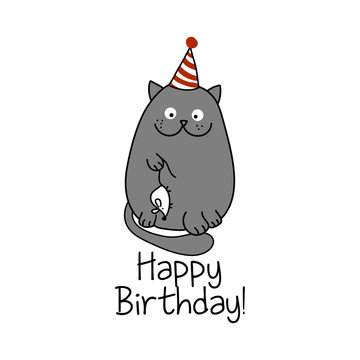 Happy Birthday text with cute cat with dead white mouse - funny quote design with gray cat. Kitten calligraphy sign for print. Cute cat poster with lettering, good for t shirts, gifts, mugs. 