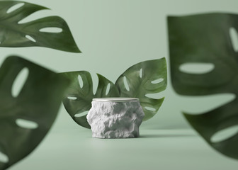 3D grey stone pedestal, display monstera palm leaves. White Rock podium for cosmetics on pastel green jungle exotic background.  Natural beauty abstract tropical leaf. 3D render illustration mockup 
