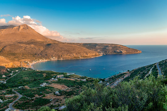 Maniot landscape: Gulf of Oitilo and Limeni bay, Limeni village, Neo Oitilo village and Karavostasi. Peloponnese, Greece.