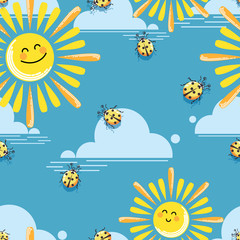 Funny suns. Pattern. Vector baby background. Sun, cloud and yellow ladybugs on blue sky background