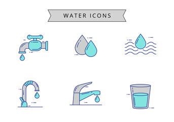 Faucet and water concept vector illustration isolated on white background. Water icon collection in linear color style 
