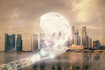 Map and data theme hologram on city view with skyscrapers background double exposure. International technology in business concept.