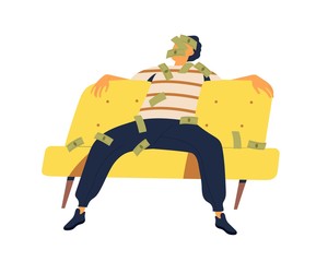 Relaxed rich guy sitting on couch with money covering face and body vector flat illustration. Male millionaire sleeping on sofa surrounded by cash banknotes isolated. Successful man enjoying wealth