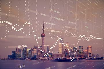 Data theme hologram drawing on city view with skyscrapers background double exposure. Ai concept.