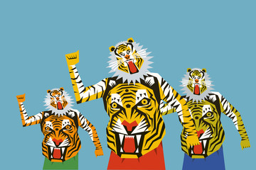 People with their body painted with tiger stripes dancing during the festival of Onam