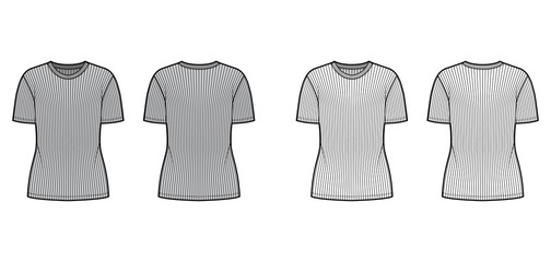 Ribbed crew neck knit t-shirt technical fashion illustration with short rib sleeves, oversized body. Flat outwear apparel template front, back, white, grey color. Women, men, unisex shirt top mockup