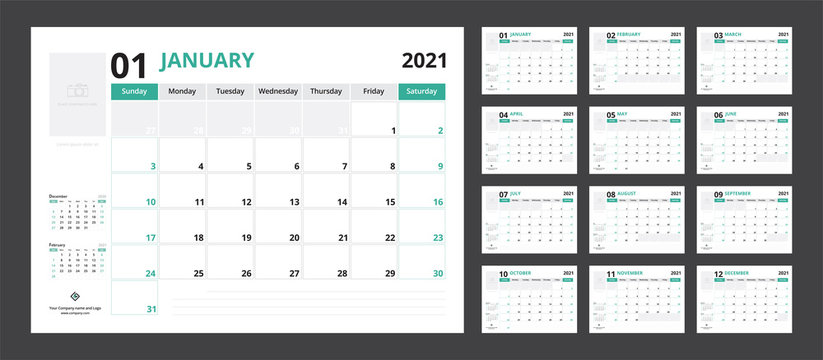 2021 calendar planner set for template corporate design week start on Sunday.