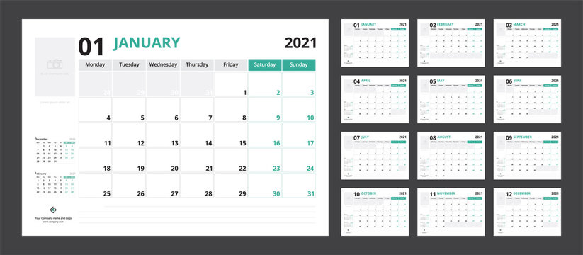 2021 calendar planner set for template corporate design week start on Monday.