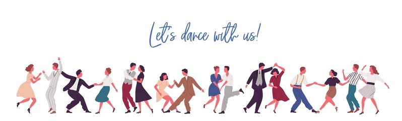 People dancing lindy hop, swing or jazz dance of 40s. Party time in retro rock n roll style. Banner with lettering and place for text. Flat vector cartoon illustration isolated on white background