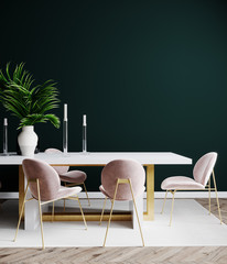 Living room interior design scene with pink chair, table and empty green wall, room interior mock up, empty room interior background, green empty wall mockup, 3d render © Liliia