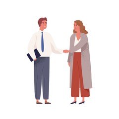 Businessman in office suit meeting businesswoman and shake hands. Scene of hiring for job, making agreement or successful partnership. Flat vector cartoon illustration isolated on white background