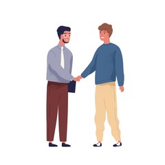 IT specialist and businessman meet and shake hands. Scene of hiring an employee for office job, successful investment, agreement or sponsorship. Flat vector cartoon illustration isolated on white