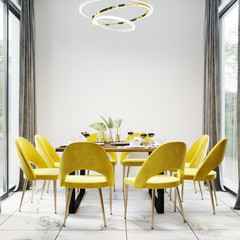 Luxury modern dinning room interior background for mockup with bright yellow chairs, table with dishes, panoramic windows and white empty wall on background, dinning room interior mockup, 3d rendering - obrazy, fototapety, plakaty