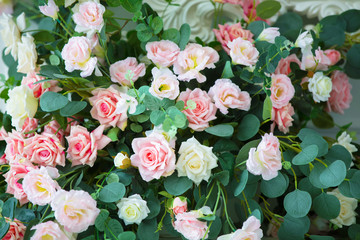 Floral background with pink roses and green leaves.