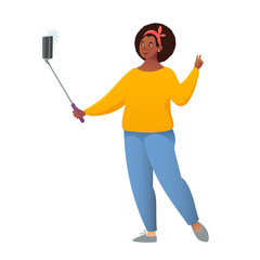 African american girl takes a selfie. Cool happy girl making selfie photo with Smartphone. Vector illustration. Cute cartoon girl taking selfie with her cell phone