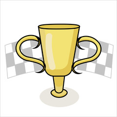 Isolated golden cup on the background of the finish flag. Flat vector illustration of victory for icon and logo.