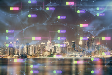 Data theme hologram drawing on city view with skyscrapers background multi exposure. Ai concept.