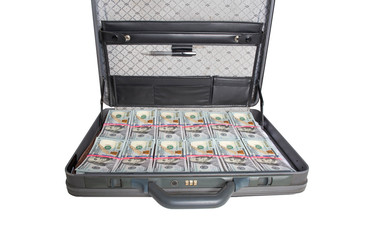 Black case with money dollars on a white background, isolate. Market competitiveness and investment concept