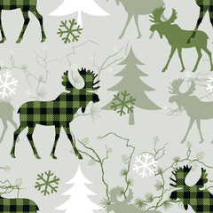  Woodland seamless pattern. Checkered  moose, fir trees, larch branches with cones and snowflakes .  Vector illustration in green colors..