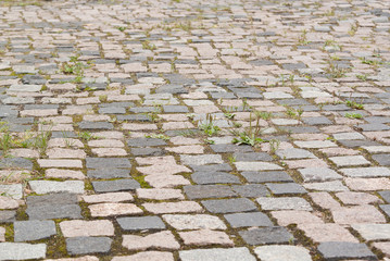 gray and pink cobblestones of old cobblestones with spilled grass in it