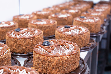 Making biscuit cakes with condensed milk and prunes for confectionery production. Food industry, dessert, torte
