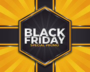 Black Friday sale promotion poster or banner on yellow sunburst background