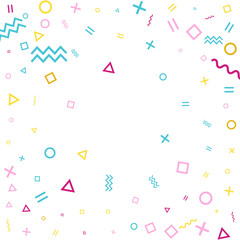 Memphis style geometric confetti background with triangle, circle, square, zigzag and wavy line