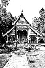 The ancient Thai architectural style, northern region of Thailand illustration creates a black and white style of drawing.