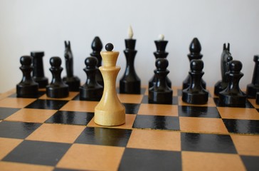 The white king with the black chess pieces on a chess board
